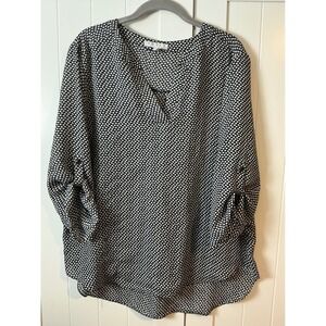 Chaus Women Black White Geometric Print V Neck Roll Tab Sleeve Tunic Top L